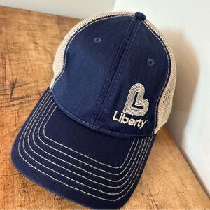 Liberty Hat Navy Blue Tan Mesh Adult O/S Adjustable Baseball Cap Great Preworn C